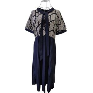Tie Neck Pleated Dress Women Large Navy Blue Polka Dot Modest Retro Polka dot